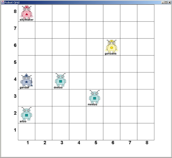 A figure showing an 8 by 8 grid, with pictures of various
robots shown in different locations on the grid. The locations are
as given in the text output.