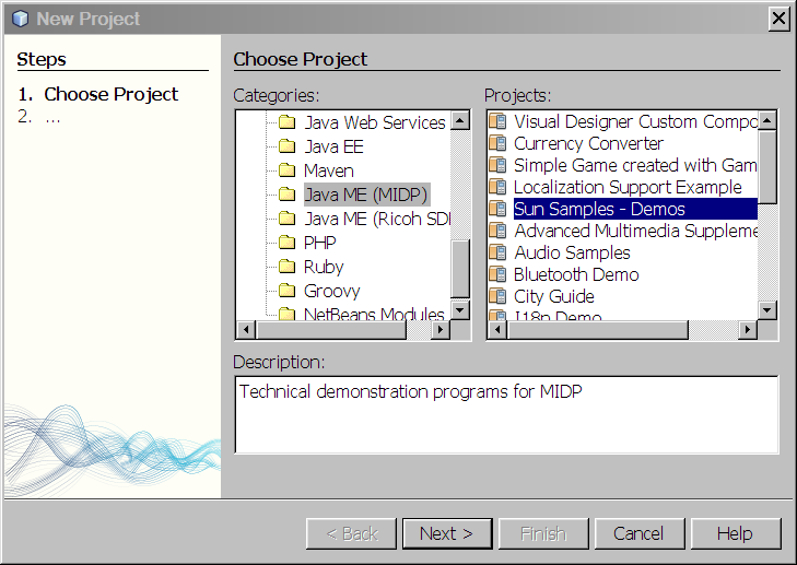 Screengrab of NetBeans New Project window with mobile applications displayed