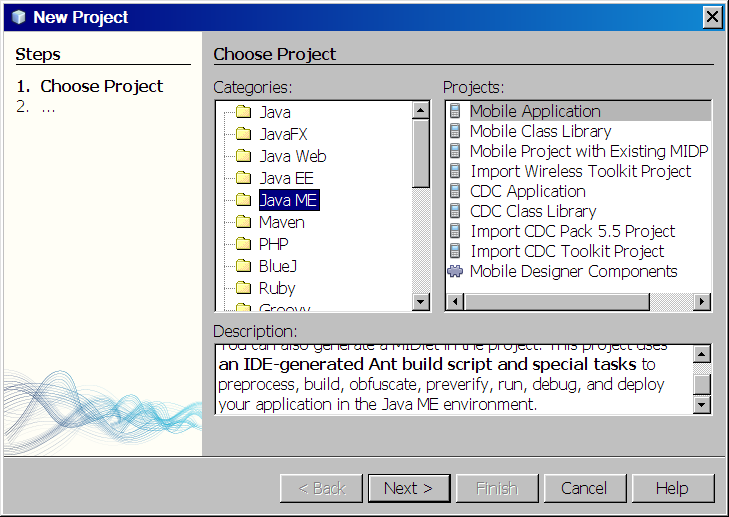 Screengrab of NetBeans New Project window Mobile selected