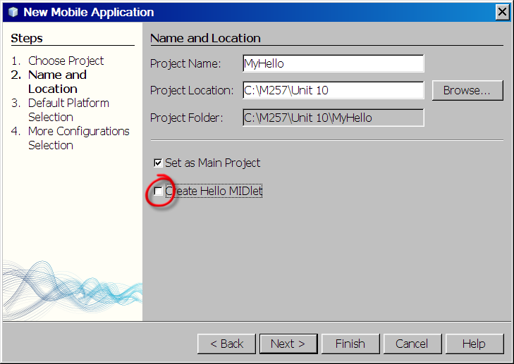 Screengrab of NetBeans New Project window Create Hello MIDlet unchecked