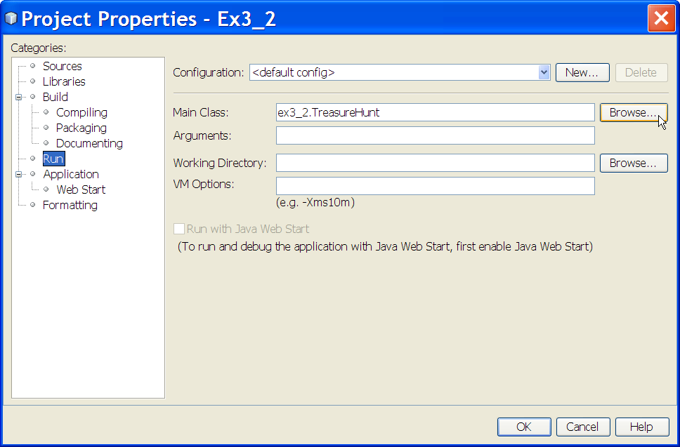 The project properties dialogue