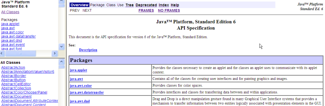frames view of Java SE documentation