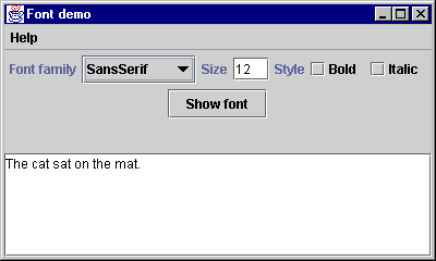 The figure displays a rectangle which has a large area to display text, and various buttons and labelled controls to manage the way the text is displayed. 
The controls are:
 a drop-down list for changing fonts, a text area to change the font size, a tick box to embolden and a tick box for italics.