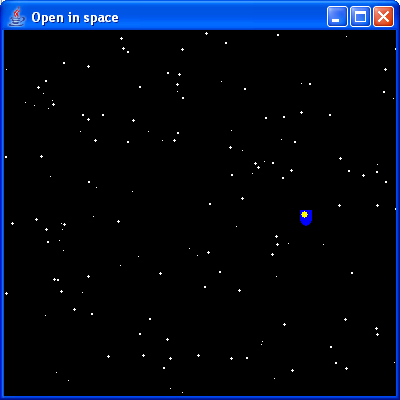 A window representing a black sky filled with stars and with a small OU logo in it.