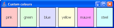 A strip of six coloured blocks labelled from left to right:
pink, green, blue, yellow, mauve and steel.