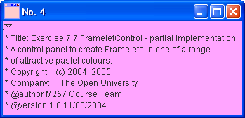 This figure displays a slightly bigger window, which is pink, and displays "No 4" along the top.
It has the text that is normally found at the beginning of a class, in commented code