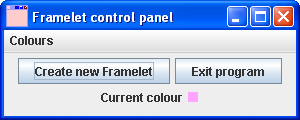 This figure displays the "Framelet control panel" which consists of two buttons, one labelled "Create new Framelet"
and one labelled "Exit program", and a menu labelled "Colours". A small section of the panel is shown in pink, with a label next to it stating "Current colour"