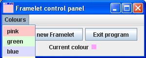 This image shows the Framelet control panel as described for the previous image, but now showing the following menu items of the Colour menu: pink, green and blue.
